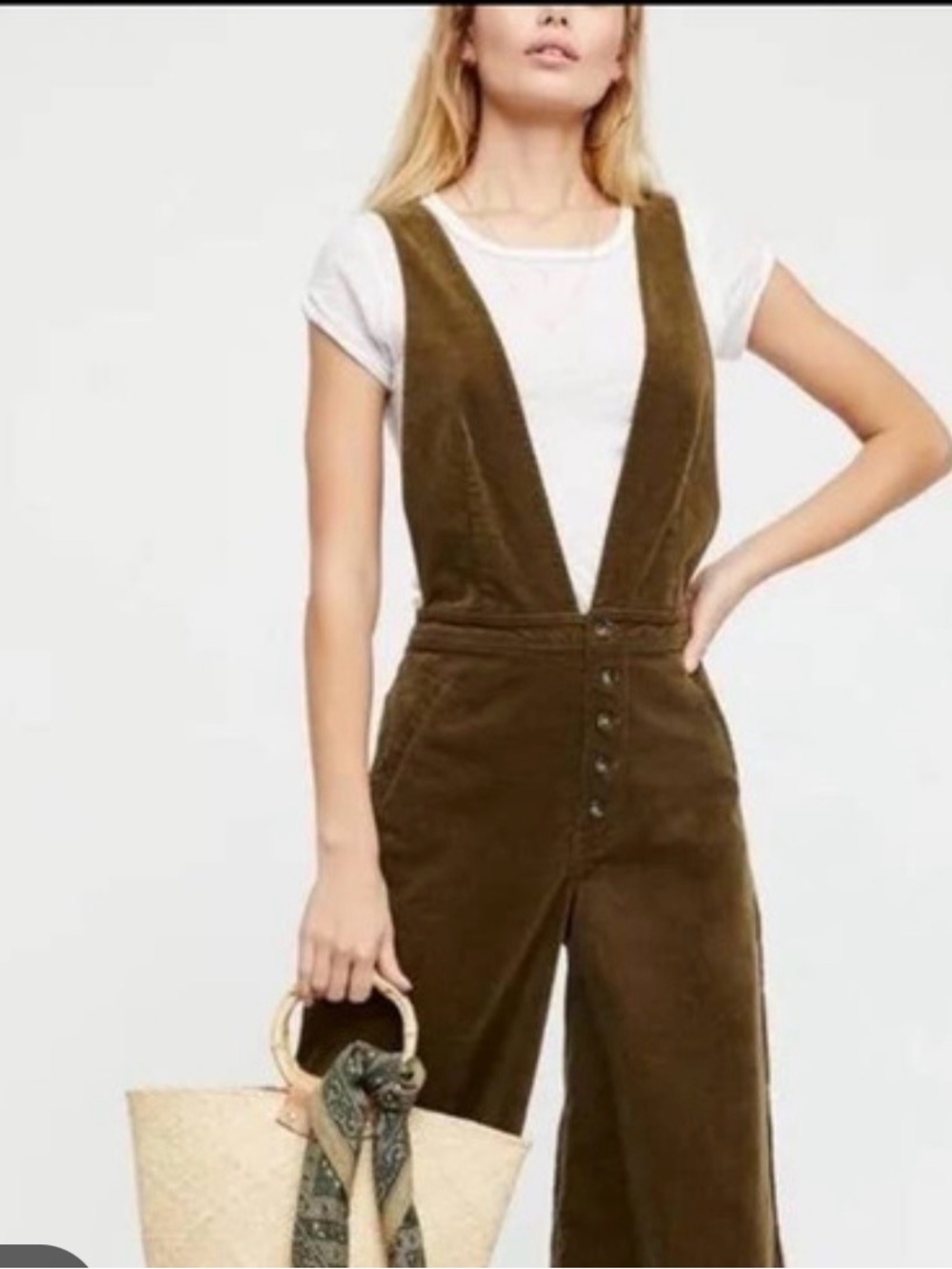 We the Free Olive Corduroy Button-Front Jumper Overalls